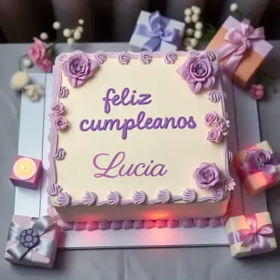 círculo elegante con crema blanca, bordes y rosas violetas en relieve, con el nombre en el centro rodeado de pequeñas cajas de regalo en tonos violeta, plateado y rosa, velas encendidas. El nombre Lucia está escrito en el diseño. círculo elegante con crema blanca, bordes y rosas violetas en relieve, con el nombre en el centro rodeado de pequeñas cajas de regalo en tonos violeta, plateado y rosa, velas encendidas. El nombre Lucia está escrito en el diseño.