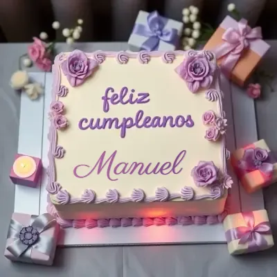 círculo elegante con crema blanca, bordes y rosas violetas en relieve, con el nombre en el centro rodeado de pequeñas cajas de regalo en tonos violeta, plateado y rosa, velas encendidas. El nombre Manuel está escrito en el diseño. círculo elegante con crema blanca, bordes y rosas violetas en relieve, con el nombre en el centro rodeado de pequeñas cajas de regalo en tonos violeta, plateado y rosa, velas encendidas. El nombre Manuel está escrito en el diseño.