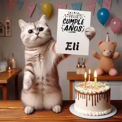 gato gris simpático sobre una mesa de madera sosteniendo una hoja blanca con el nombre, junto a una tarta de cumpleaños cubierta de chocolate líquido con velas, globos y decoración festiva. El nombre Eli está escrito en el diseño. gato gris simpático sobre una mesa de madera sosteniendo una hoja blanca con el nombre, junto a una tarta de cumpleaños cubierta de chocolate líquido con velas, globos y decoración festiva. El nombre Eli está escrito en el diseño.