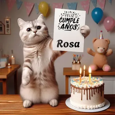 gato gris simpático sobre una mesa de madera sosteniendo una hoja blanca con el nombre, junto a una tarta de cumpleaños cubierta de chocolate líquido con velas, globos y decoración festiva. El nombre Rosa está escrito en el diseño.