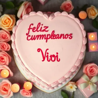 tarta suave rosa en forma de corazón, con bordes de crema rosa, el nombre escrito en el centro, rodeada de flores naturales, velas cálidas y cajitas de regalo, ambiente romántico y tranquilo. El nombre Vivi está escrito en el diseño.