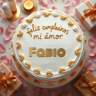 tarta circular blanca elegante decorada con pequeños trozos de chocolate dorado en los bordes, el nombre en el centro con letras doradas, sobre pétalos de rosa esparcidos y regalos con lazos dorados. El nombre Fabio está escrito en el diseño.