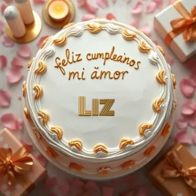tarta circular blanca elegante decorada con pequeños trozos de chocolate dorado en los bordes, el nombre en el centro con letras doradas, sobre pétalos de rosa esparcidos y regalos con lazos dorados. El nombre Liz está escrito en el diseño.