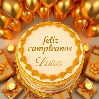 tarta circular blanca real con marco dorado tallado en crema, el nombre en el centro, detrás un bosque de globos dorados grandes que reflejan luces, con regalos y velas doradas. El nombre Luisa está escrito en el diseño. tarta circular blanca real con marco dorado tallado en crema, el nombre en el centro, detrás un bosque de globos dorados grandes que reflejan luces, con regalos y velas doradas. El nombre Luisa está escrito en el diseño.
