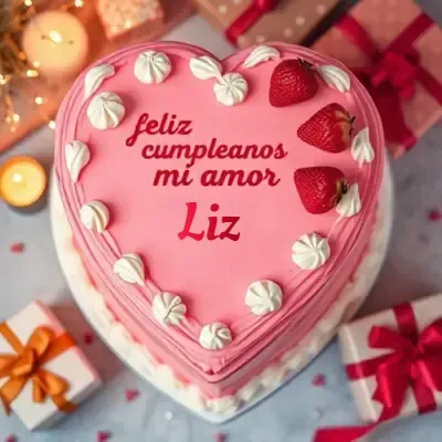 tarta rosa en forma de corazón con fresas frescas y trozos de malvavisco o crema blanca, el nombre en el centro, rodeada de regalos rojos y velas que transmiten alegría y amor. El nombre Liz está escrito en el diseño.