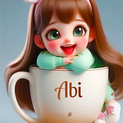 Taza de café gigante con el nombre, apoyada por una niña pequeña de ojos verdes y sonrisa brillante, como si fuera Pulgarcita. - Abi