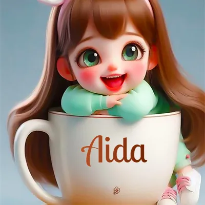 Taza de café gigante con el nombre, apoyada por una niña pequeña de ojos verdes y sonrisa brillante, como si fuera Pulgarcita. - Aida