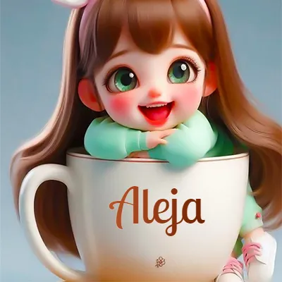 Una niña pequeña con rasgos de dibujos animados, ojos verdes grandes y cabello castaño largo, asoma con una sonrisa amplia dentro de una taza de cerámica blanca grande, apoyando sus manitas en el borde de la taza con un fondo azul claro y tranquilo. El nombre Aleja aparece en el centro de la taza de cerámica blanca.