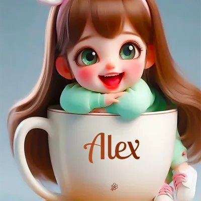 Una niña pequeña con rasgos de dibujos animados, ojos verdes grandes y cabello castaño largo, asoma con una sonrisa amplia dentro de una taza de cerámica blanca grande, apoyando sus manitas en el borde de la taza con un fondo azul claro y tranquilo. El nombre Alex aparece en el centro de la taza de cerámica blanca.