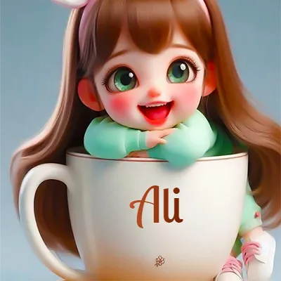 Una niña pequeña con rasgos de dibujos animados, ojos verdes grandes y cabello castaño largo, asoma con una sonrisa amplia dentro de una taza de cerámica blanca grande, apoyando sus manitas en el borde de la taza con un fondo azul claro y tranquilo. El nombre Ali aparece en el centro de la taza de cerámica blanca.