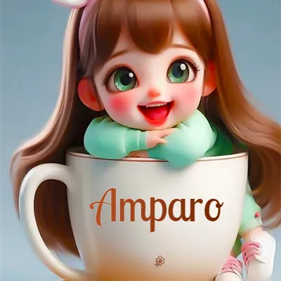 Taza de café gigante con el nombre, apoyada por una niña pequeña de ojos verdes y sonrisa brillante, como si fuera Pulgarcita. - Amparo Taza de café gigante con el nombre, apoyada por una niña pequeña de ojos verdes y sonrisa brillante, como si fuera Pulgarcita. - Amparo