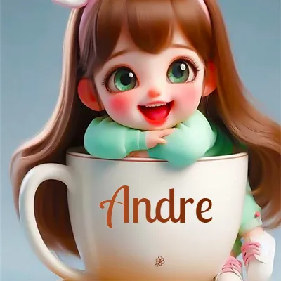 Una niña pequeña con rasgos de dibujos animados, ojos verdes grandes y cabello castaño largo, asoma con una sonrisa amplia dentro de una taza de cerámica blanca grande, apoyando sus manitas en el borde de la taza con un fondo azul claro y tranquilo. El nombre Andre aparece en el centro de la taza de cerámica blanca.