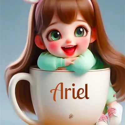 Taza de café gigante con el nombre, apoyada por una niña pequeña de ojos verdes y sonrisa brillante, como si fuera Pulgarcita. - Ariel