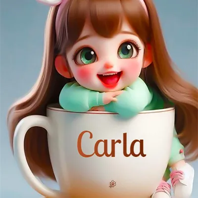 Taza de café gigante con el nombre, apoyada por una niña pequeña de ojos verdes y sonrisa brillante, como si fuera Pulgarcita. - Carla