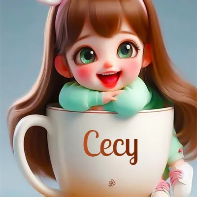 Taza de café gigante con el nombre, apoyada por una niña pequeña de ojos verdes y sonrisa brillante, como si fuera Pulgarcita. - Cecy