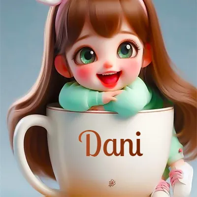 Taza de café gigante con el nombre, apoyada por una niña pequeña de ojos verdes y sonrisa brillante, como si fuera Pulgarcita. - Dani