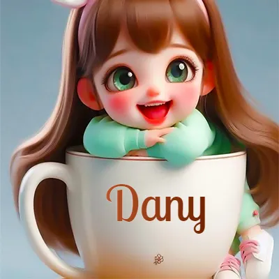 Taza de café gigante con el nombre, apoyada por una niña pequeña de ojos verdes y sonrisa brillante, como si fuera Pulgarcita. - Dany