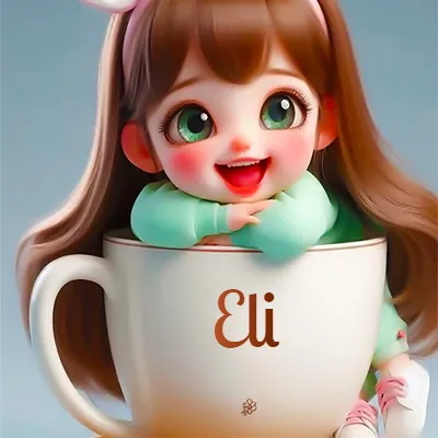Una niña pequeña con rasgos de dibujos animados, ojos verdes grandes y cabello castaño largo, asoma con una sonrisa amplia dentro de una taza de cerámica blanca grande, apoyando sus manitas en el borde de la taza con un fondo azul claro y tranquilo. El nombre Eli aparece en el centro de la taza de cerámica blanca.