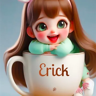 Taza de café gigante con el nombre, apoyada por una niña pequeña de ojos verdes y sonrisa brillante, como si fuera Pulgarcita. - Erick