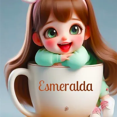 Taza de café gigante con el nombre, apoyada por una niña pequeña de ojos verdes y sonrisa brillante, como si fuera Pulgarcita. - Esmeralda