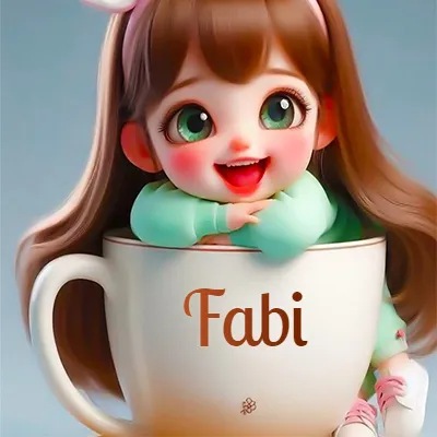 Taza de café gigante con el nombre, apoyada por una niña pequeña de ojos verdes y sonrisa brillante, como si fuera Pulgarcita. - Fabi