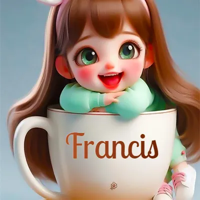 Una niña pequeña con rasgos de dibujos animados, ojos verdes grandes y cabello castaño largo, asoma con una sonrisa amplia dentro de una taza de cerámica blanca grande, apoyando sus manitas en el borde de la taza con un fondo azul claro y tranquilo. El nombre Francis aparece en el centro de la taza de cerámica blanca.
