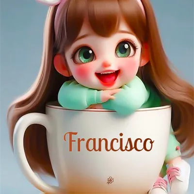 Taza de café gigante con el nombre, apoyada por una niña pequeña de ojos verdes y sonrisa brillante, como si fuera Pulgarcita. - Francisco