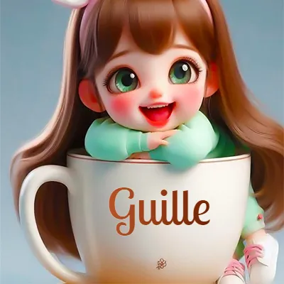 Taza de café gigante con el nombre, apoyada por una niña pequeña de ojos verdes y sonrisa brillante, como si fuera Pulgarcita. - Guille