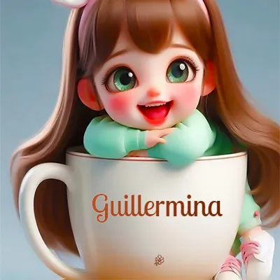 Taza de café gigante con el nombre, apoyada por una niña pequeña de ojos verdes y sonrisa brillante, como si fuera Pulgarcita. - Guillermina Taza de café gigante con el nombre, apoyada por una niña pequeña de ojos verdes y sonrisa brillante, como si fuera Pulgarcita. - Guillermina
