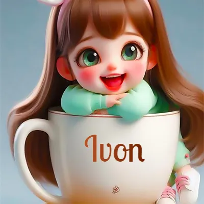 Una niña pequeña con rasgos de dibujos animados, ojos verdes grandes y cabello castaño largo, asoma con una sonrisa amplia dentro de una taza de cerámica blanca grande, apoyando sus manitas en el borde de la taza con un fondo azul claro y tranquilo. El nombre Ivon aparece en el centro de la taza de cerámica blanca.
