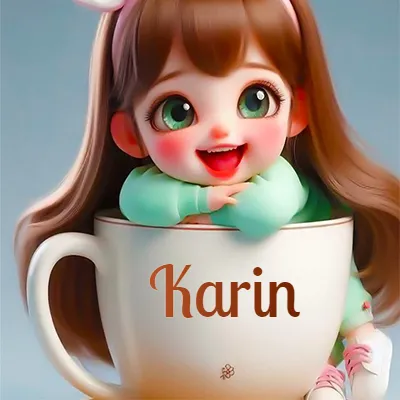 Una niña pequeña con rasgos de dibujos animados, ojos verdes grandes y cabello castaño largo, asoma con una sonrisa amplia dentro de una taza de cerámica blanca grande, apoyando sus manitas en el borde de la taza con un fondo azul claro y tranquilo. El nombre Karin aparece en el centro de la taza de cerámica blanca.