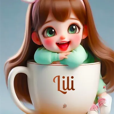 Una niña pequeña con rasgos de dibujos animados, ojos verdes grandes y cabello castaño largo, asoma con una sonrisa amplia dentro de una taza de cerámica blanca grande, apoyando sus manitas en el borde de la taza con un fondo azul claro y tranquilo. El nombre Lili aparece en el centro de la taza de cerámica blanca.