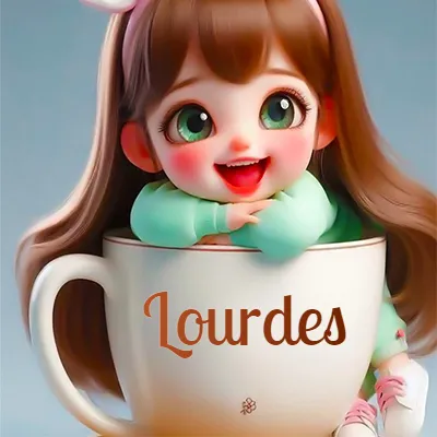 Taza de café gigante con el nombre, apoyada por una niña pequeña de ojos verdes y sonrisa brillante, como si fuera Pulgarcita. - Lourdes Taza de café gigante con el nombre, apoyada por una niña pequeña de ojos verdes y sonrisa brillante, como si fuera Pulgarcita. - Lourdes
