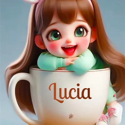 Una niña pequeña con rasgos de dibujos animados, ojos verdes grandes y cabello castaño largo, asoma con una sonrisa amplia dentro de una taza de cerámica blanca grande, apoyando sus manitas en el borde de la taza con un fondo azul claro y tranquilo. El nombre Lucia aparece en el centro de la taza de cerámica blanca.