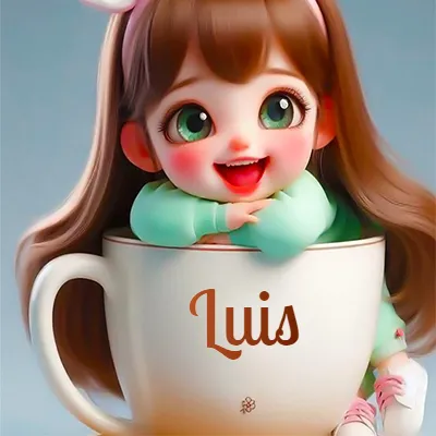 Una niña pequeña con rasgos de dibujos animados, ojos verdes grandes y cabello castaño largo, asoma con una sonrisa amplia dentro de una taza de cerámica blanca grande, apoyando sus manitas en el borde de la taza con un fondo azul claro y tranquilo. El nombre Luis aparece en el centro de la taza de cerámica blanca.