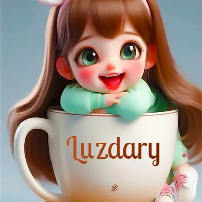Taza de café gigante con el nombre, apoyada por una niña pequeña de ojos verdes y sonrisa brillante, como si fuera Pulgarcita. - Luzdary Taza de café gigante con el nombre, apoyada por una niña pequeña de ojos verdes y sonrisa brillante, como si fuera Pulgarcita. - Luzdary