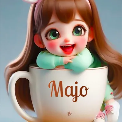 Taza de café gigante con el nombre, apoyada por una niña pequeña de ojos verdes y sonrisa brillante, como si fuera Pulgarcita. - Majo Taza de café gigante con el nombre, apoyada por una niña pequeña de ojos verdes y sonrisa brillante, como si fuera Pulgarcita. - Majo