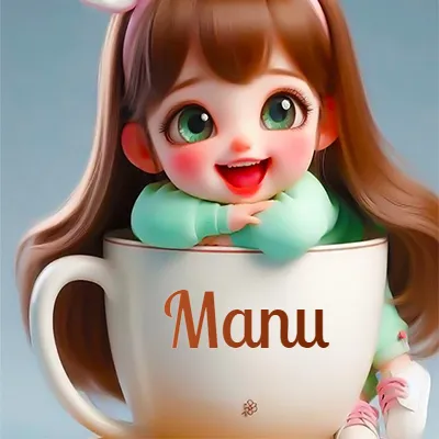Una niña pequeña con rasgos de dibujos animados, ojos verdes grandes y cabello castaño largo, asoma con una sonrisa amplia dentro de una taza de cerámica blanca grande, apoyando sus manitas en el borde de la taza con un fondo azul claro y tranquilo. El nombre Manu aparece en el centro de la taza de cerámica blanca.