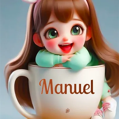 Una niña pequeña con rasgos de dibujos animados, ojos verdes grandes y cabello castaño largo, asoma con una sonrisa amplia dentro de una taza de cerámica blanca grande, apoyando sus manitas en el borde de la taza con un fondo azul claro y tranquilo. El nombre Manuel aparece en el centro de la taza de cerámica blanca.