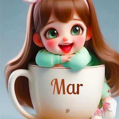 Una niña pequeña con rasgos de dibujos animados, ojos verdes grandes y cabello castaño largo, asoma con una sonrisa amplia dentro de una taza de cerámica blanca grande, apoyando sus manitas en el borde de la taza con un fondo azul claro y tranquilo. El nombre Mar aparece en el centro de la taza de cerámica blanca.