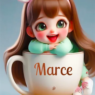 Taza de café gigante con el nombre, apoyada por una niña pequeña de ojos verdes y sonrisa brillante, como si fuera Pulgarcita. - Marce
