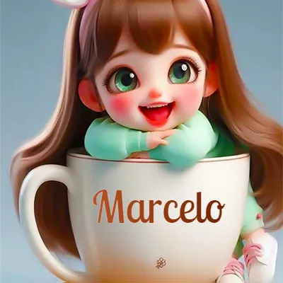 Taza de café gigante con el nombre, apoyada por una niña pequeña de ojos verdes y sonrisa brillante, como si fuera Pulgarcita. - Marcelo