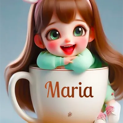 Una niña pequeña con rasgos de dibujos animados, ojos verdes grandes y cabello castaño largo, asoma con una sonrisa amplia dentro de una taza de cerámica blanca grande, apoyando sus manitas en el borde de la taza con un fondo azul claro y tranquilo. El nombre Maria aparece en el centro de la taza de cerámica blanca.