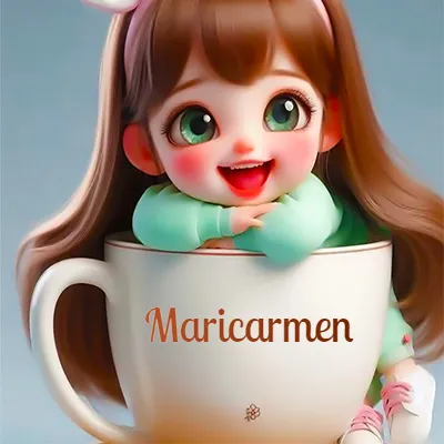 Taza de café gigante con el nombre, apoyada por una niña pequeña de ojos verdes y sonrisa brillante, como si fuera Pulgarcita. - Maricarmen