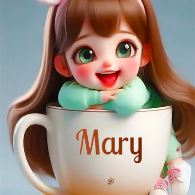Una niña pequeña con rasgos de dibujos animados, ojos verdes grandes y cabello castaño largo, asoma con una sonrisa amplia dentro de una taza de cerámica blanca grande, apoyando sus manitas en el borde de la taza con un fondo azul claro y tranquilo. El nombre Mary aparece en el centro de la taza de cerámica blanca.