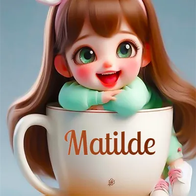 Taza de café gigante con el nombre, apoyada por una niña pequeña de ojos verdes y sonrisa brillante, como si fuera Pulgarcita. - Matilde