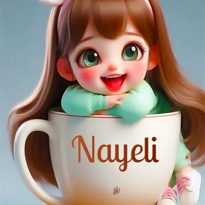 Taza de café gigante con el nombre, apoyada por una niña pequeña de ojos verdes y sonrisa brillante, como si fuera Pulgarcita. - Nayeli Taza de café gigante con el nombre, apoyada por una niña pequeña de ojos verdes y sonrisa brillante, como si fuera Pulgarcita. - Nayeli