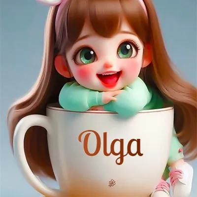 Taza de café gigante con el nombre, apoyada por una niña pequeña de ojos verdes y sonrisa brillante, como si fuera Pulgarcita. - Olga