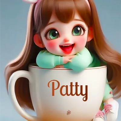Taza de café gigante con el nombre, apoyada por una niña pequeña de ojos verdes y sonrisa brillante, como si fuera Pulgarcita. - Patty