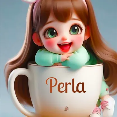 Taza de café gigante con el nombre, apoyada por una niña pequeña de ojos verdes y sonrisa brillante, como si fuera Pulgarcita. - Perla Taza de café gigante con el nombre, apoyada por una niña pequeña de ojos verdes y sonrisa brillante, como si fuera Pulgarcita. - Perla